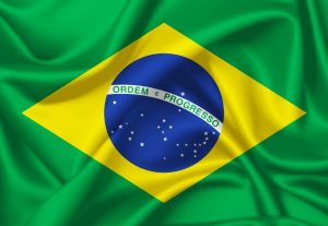 Brasilien Flagge: grüner Hintergrund mit gelbem Viereck und blauer Kugel