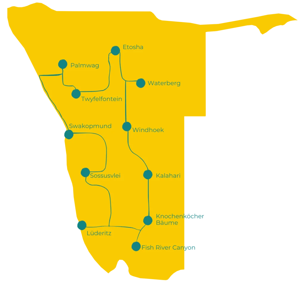gelbe Namibia Karte mit eingezeichneter Route