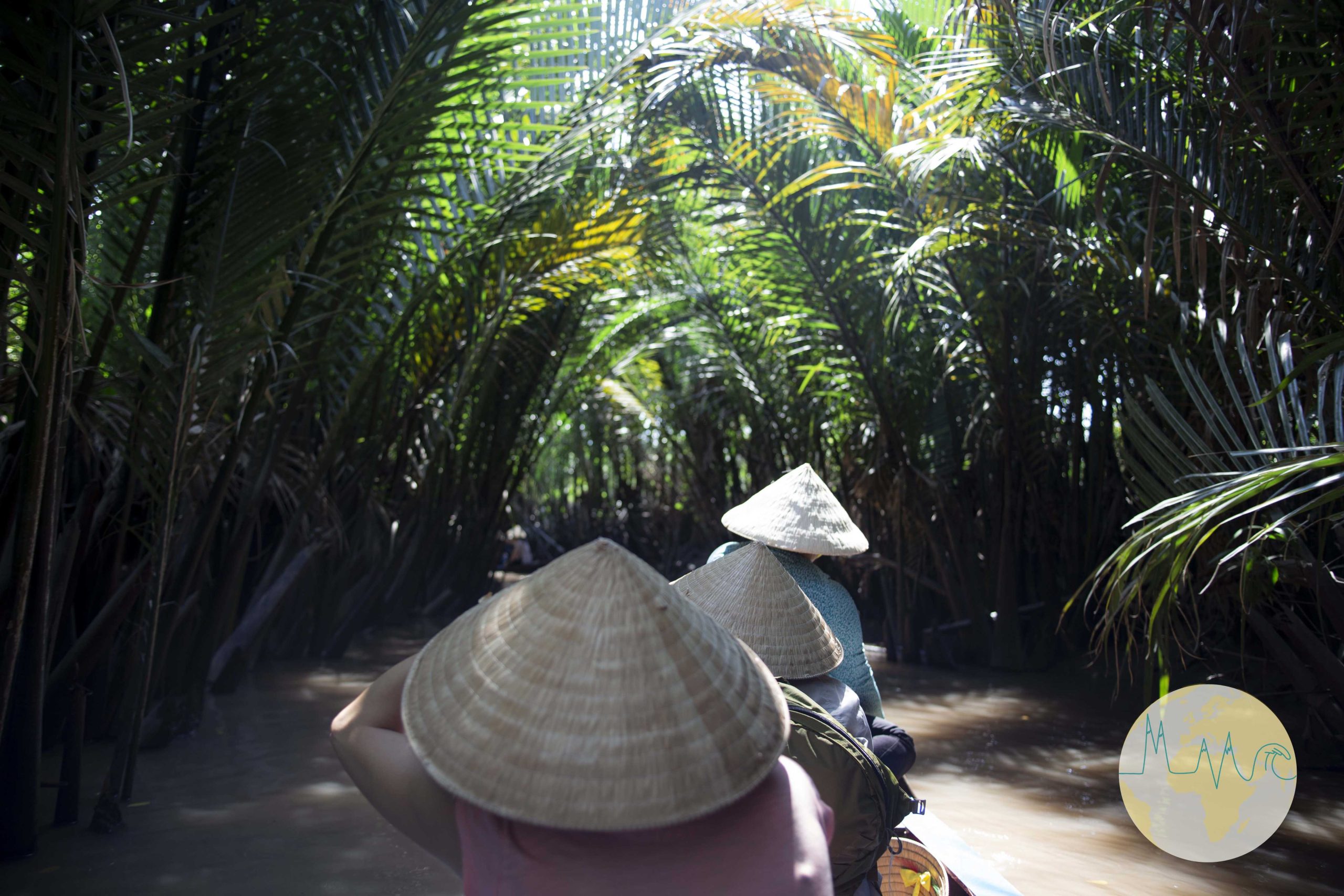 Fluss mit kleinen Holzbooten zischen Farnen und Palmen in Vietnam