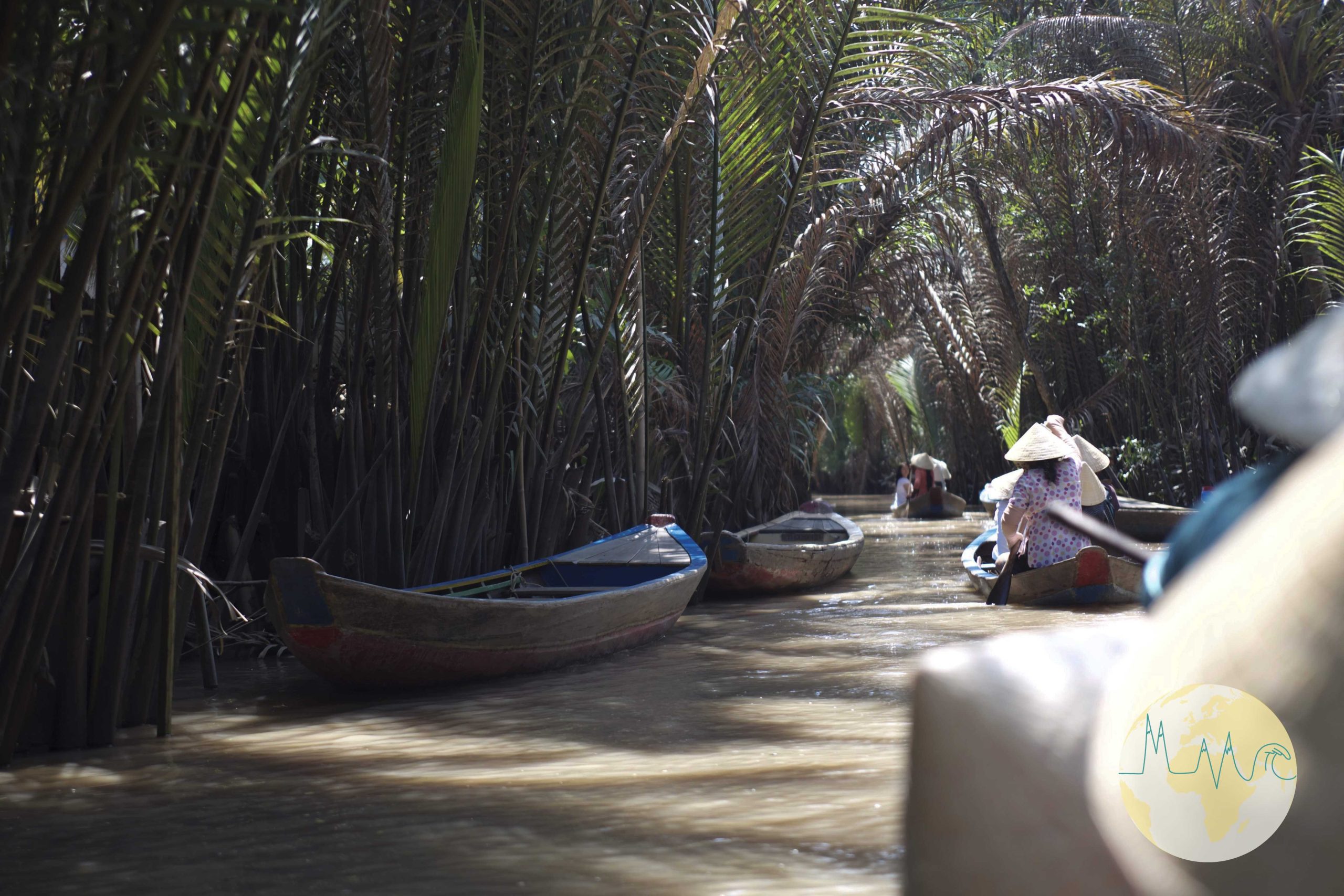 Fluss mit kleinen Holzbooten zischen Farnen und Palmen in Vietnam