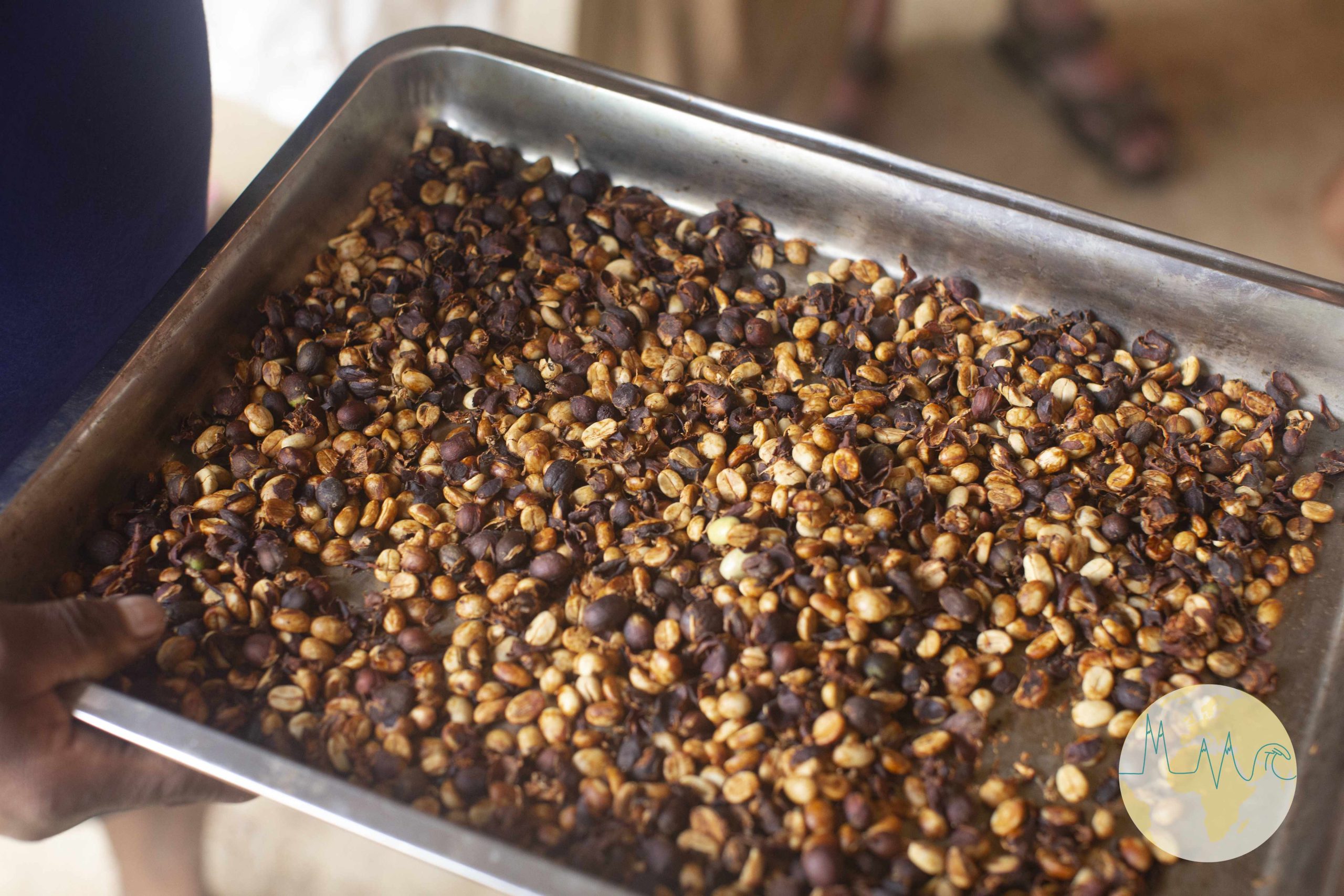 Metallschale mit geröstetem Kaffee in Ella (Sri Lanka)