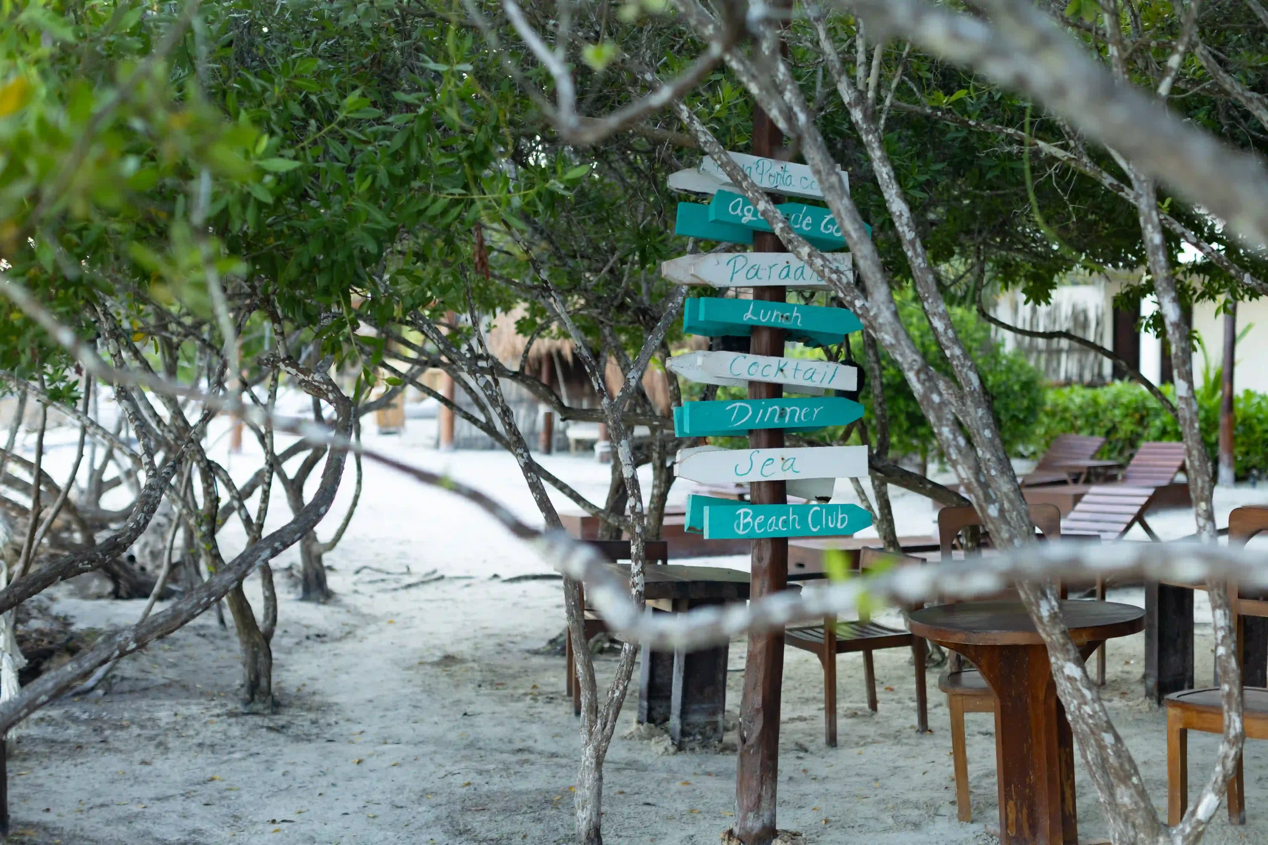 Ein türkis-weißes Schild am Strand von Holbox unter Mangroven, zwischen leeren Tischen und Stühlen